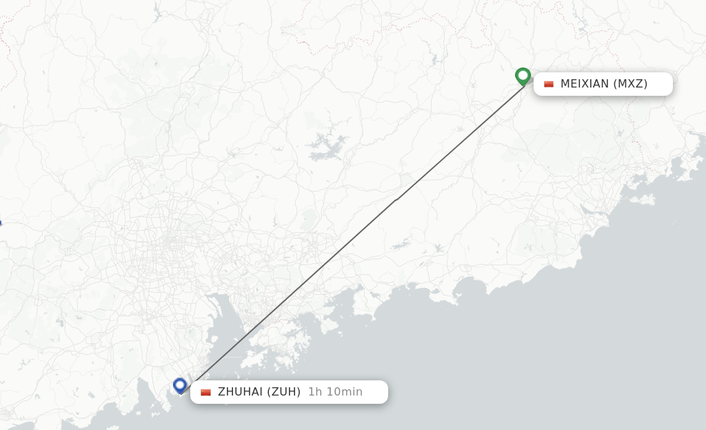 Flights from Mei Xian to Zhuhai route map