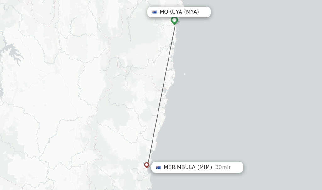 Flights from Moruya to Merimbula route map