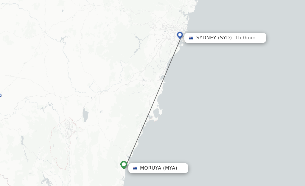 Flights from Moruya to Sydney route map