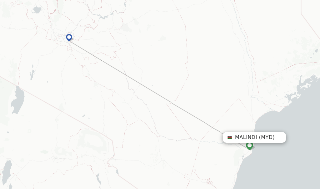 Route map with flights from Malindi with Jambojet