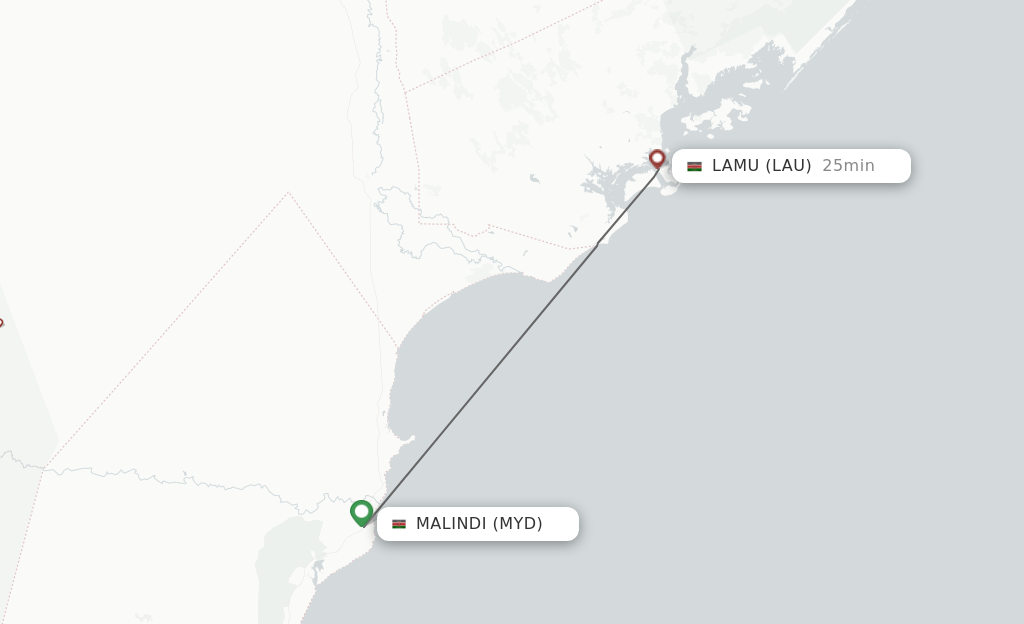 Flights from Malindi to Lamu route map