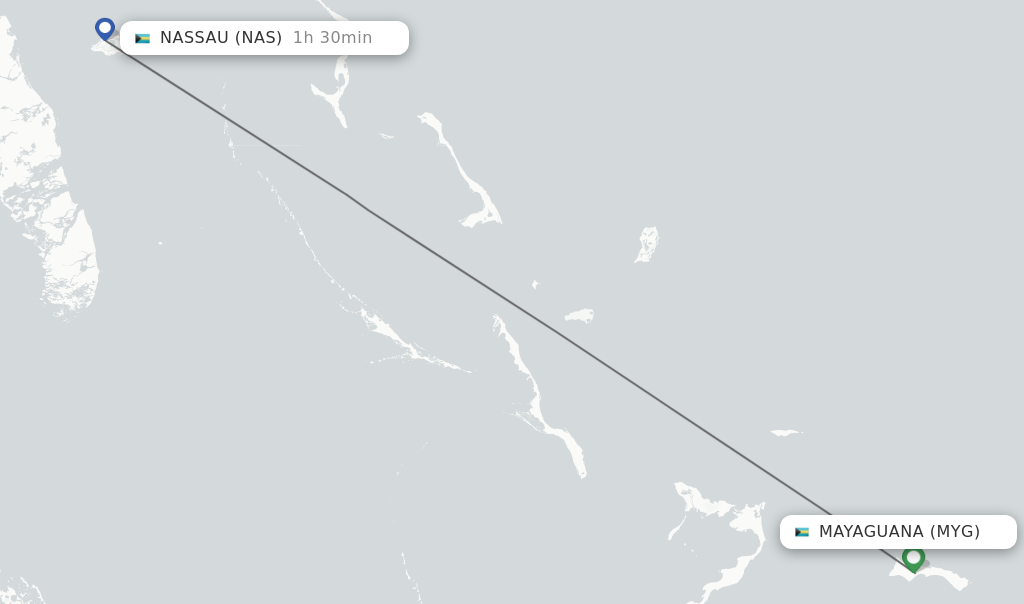 Flights from Mayaguana to Nassau route map