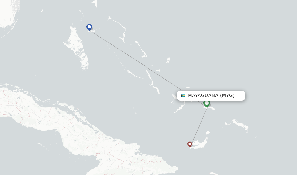 Route map with flights from Mayaguana with Bahamasair