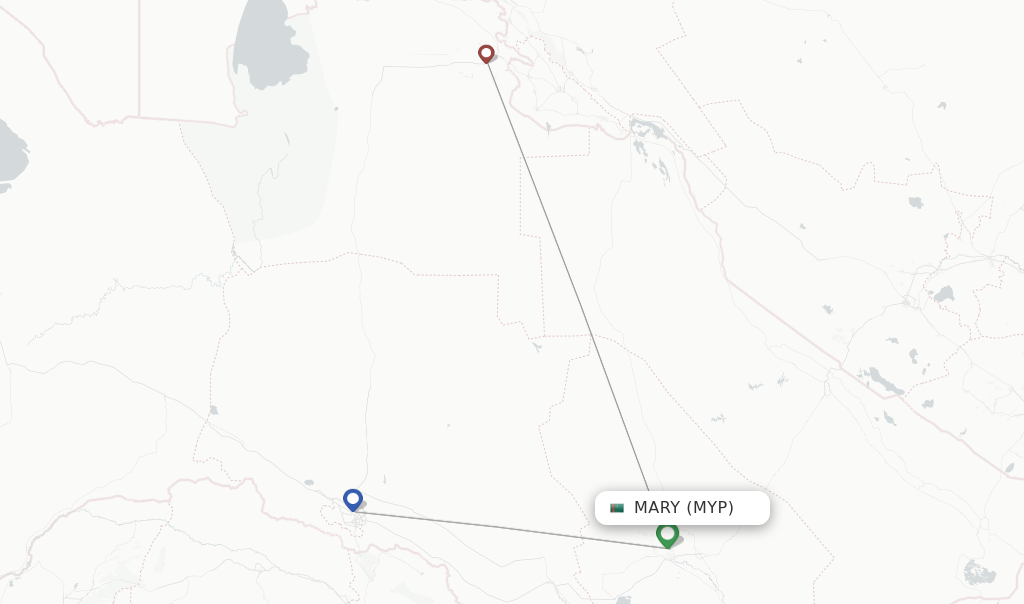 Route map with flights from Mary with Turkmenistan Airlines