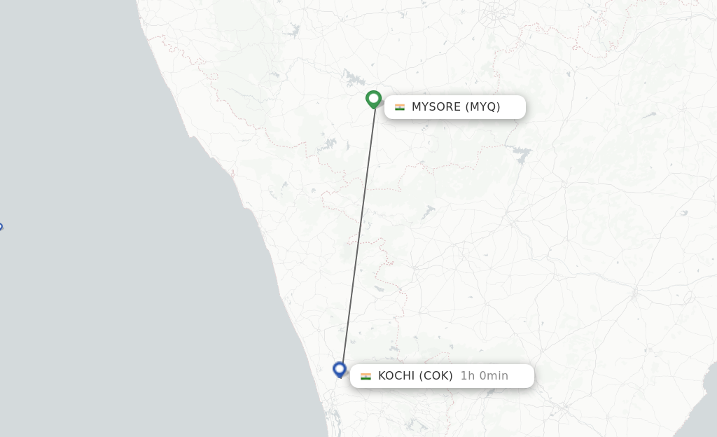 Flights from Mysore to Kochi route map