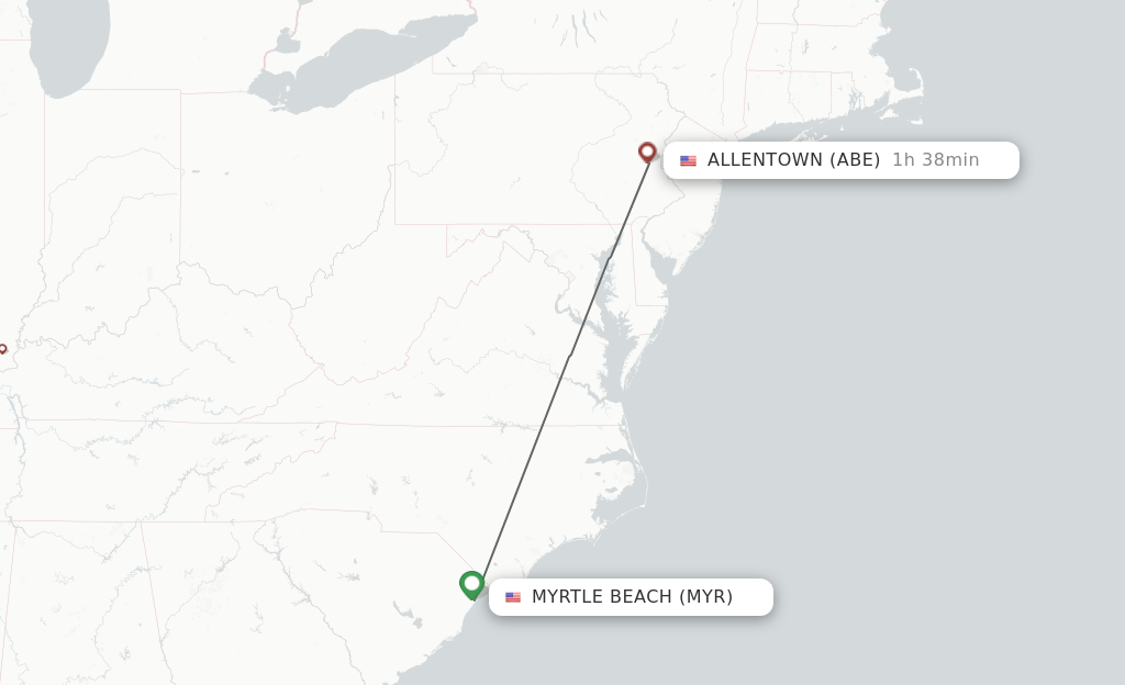 Flights from Myrtle Beach to Allentown route map