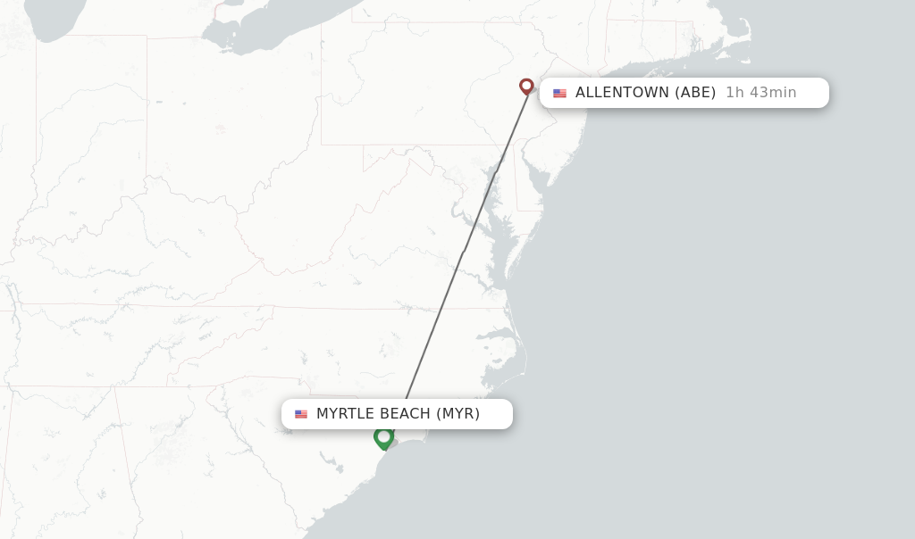 Flights from Myrtle Beach to Allentown route map