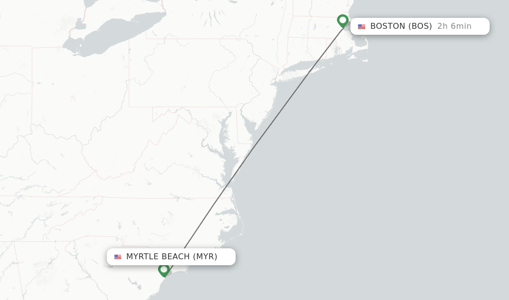 Flights from Myrtle Beach to Boston route map