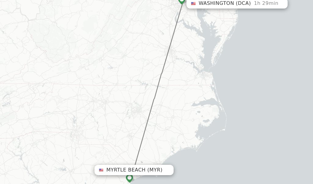 Flights from Myrtle Beach to Washington route map