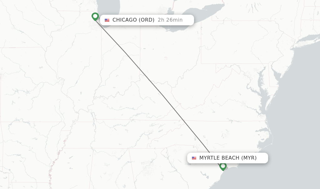 Flights from Myrtle Beach to Chicago route map