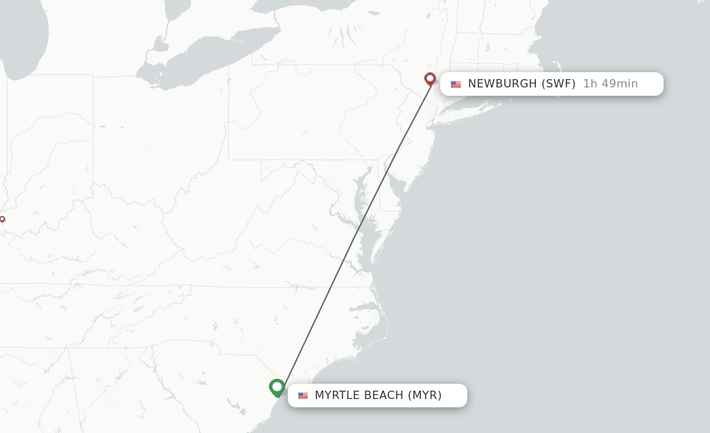 Flights from Myrtle Beach to Newburgh route map