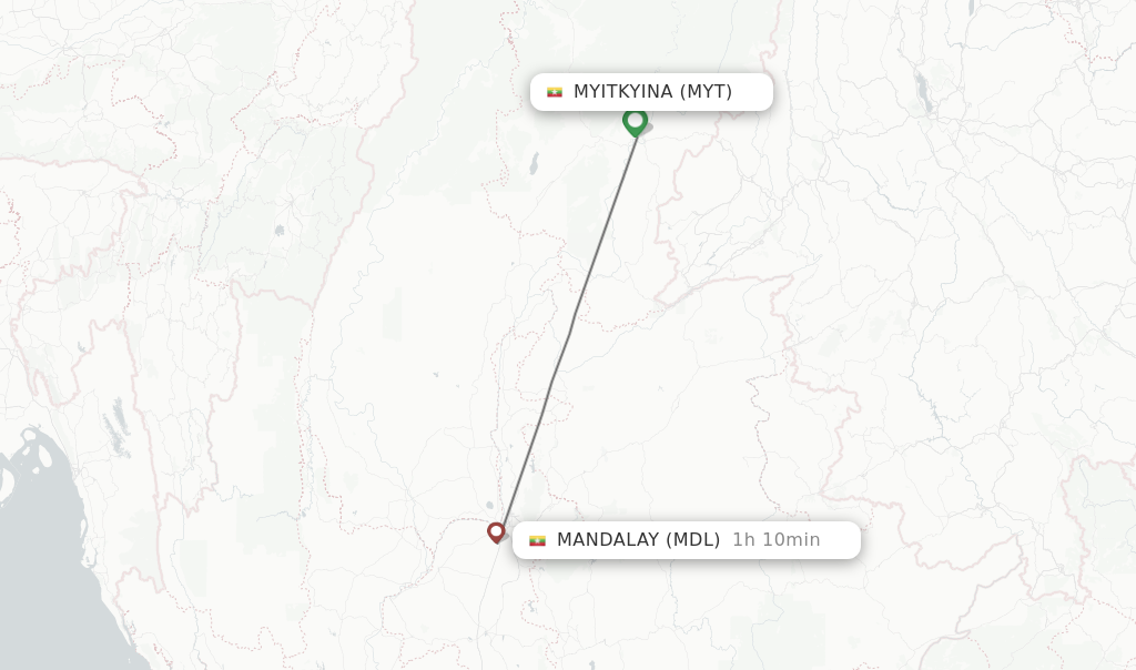 Flights from Myitkyina to Mandalay route map