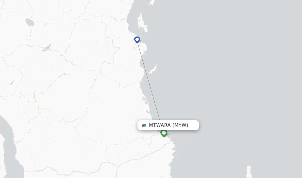 Route map with flights from Mtwara with Precision Air