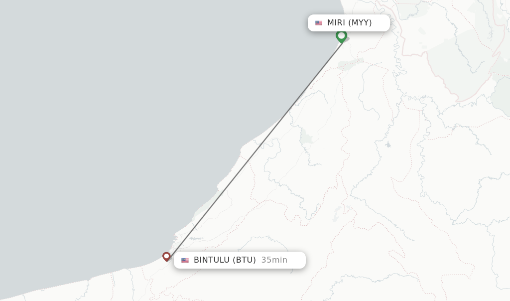 Flights from Miri to Bintulu route map