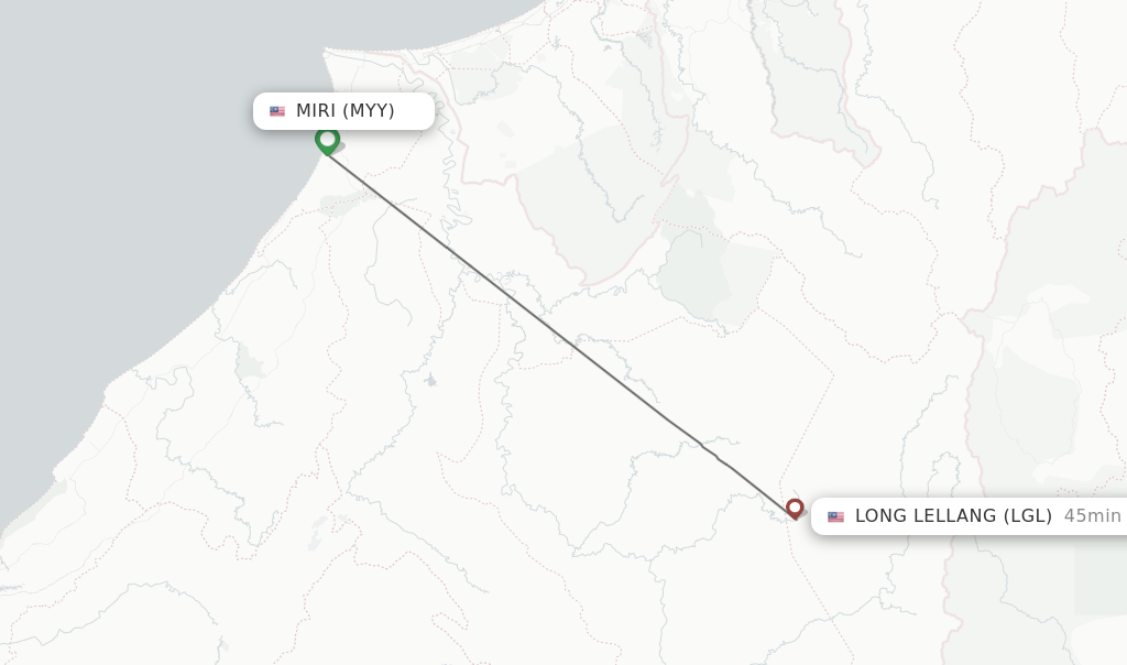 Flights from Miri to Long Lellang route map