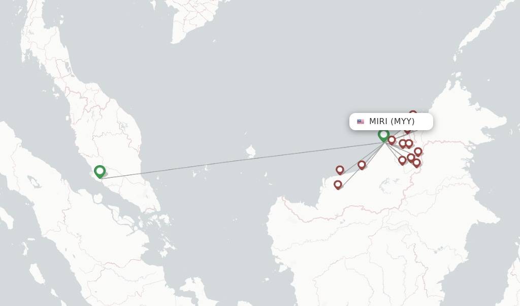 Route map with flights from Miri with Malaysia Airlines