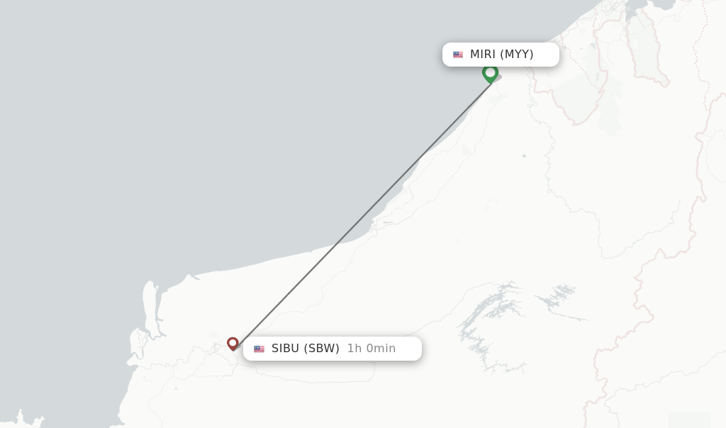 Flights from Miri to Sibu route map