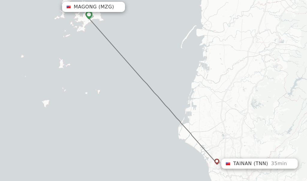 Flights from Magong to Tainan route map