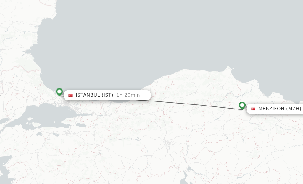 Flights from Merzifon to Istanbul route map