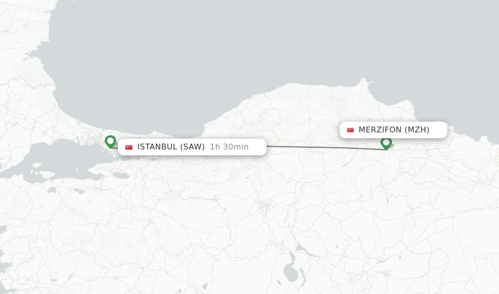 Flights from Merzifon to Istanbul route map