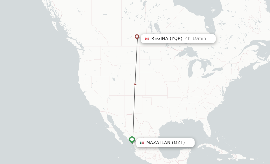 Flights from Mazatlan to Regina route map