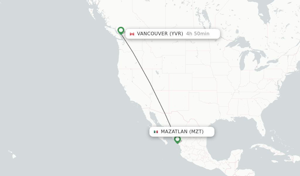 Flights from Mazatlan to Vancouver route map