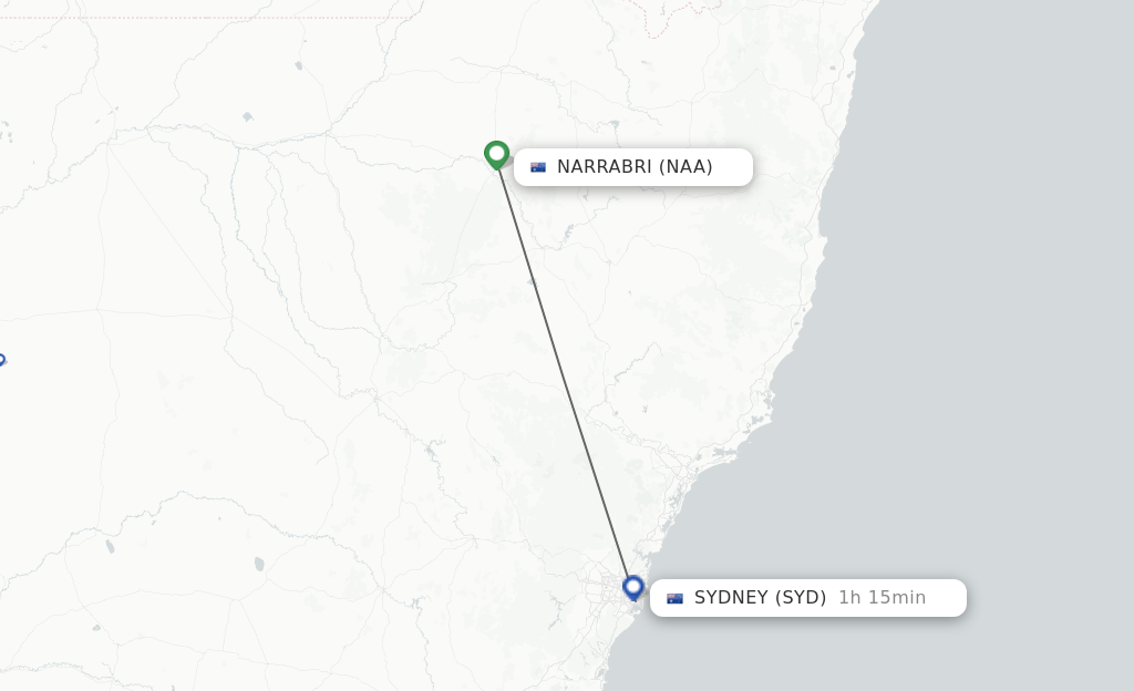 Flights from Narrabri to Sydney route map