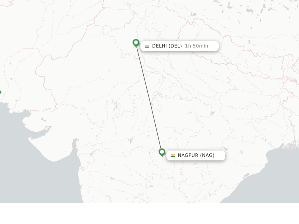 Flights from Nagpur to Delhi route map