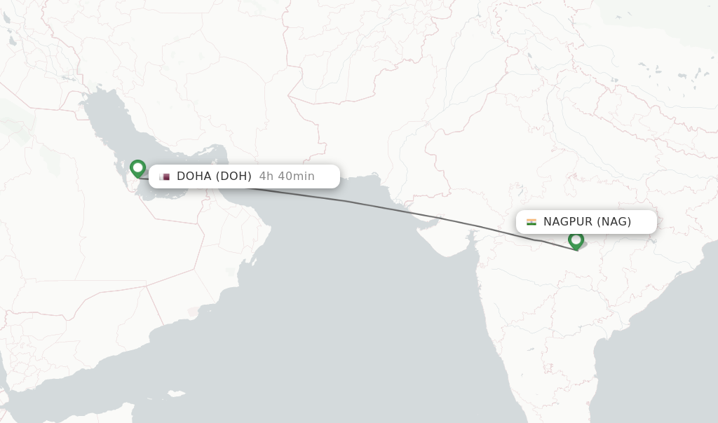 Flights from Nagpur to Doha route map