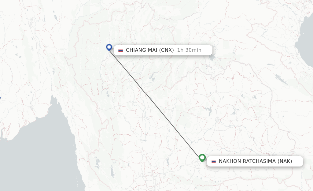 Flights from Chiang Mai to Nakhon Ratchasima route map