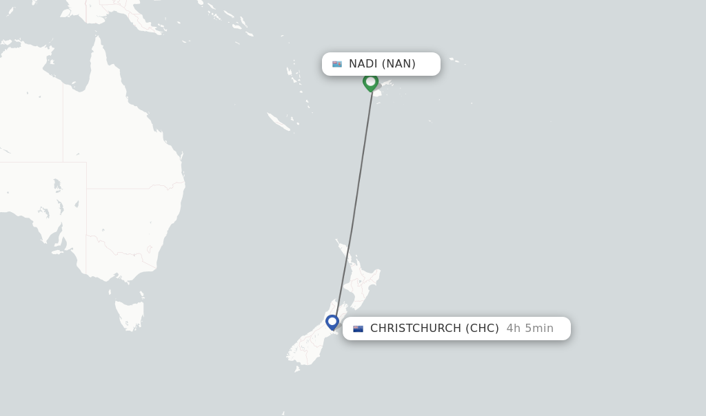 Flights from Nadi to Christchurch route map