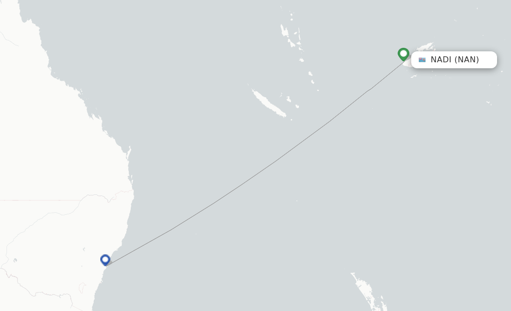 Route map with flights from Nadi with Qantas