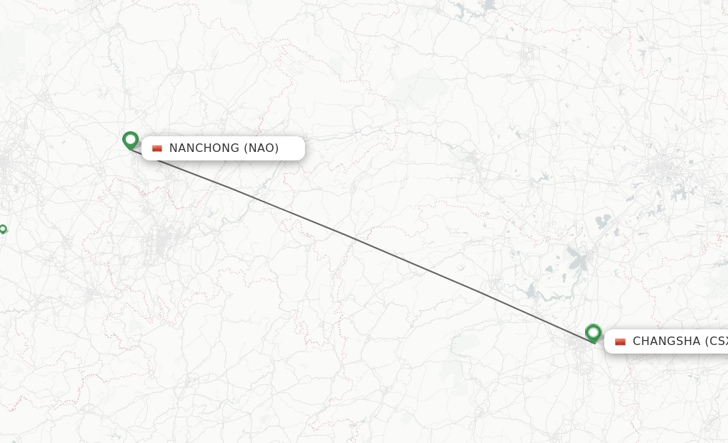 Flights from Nanchong to Changsha route map