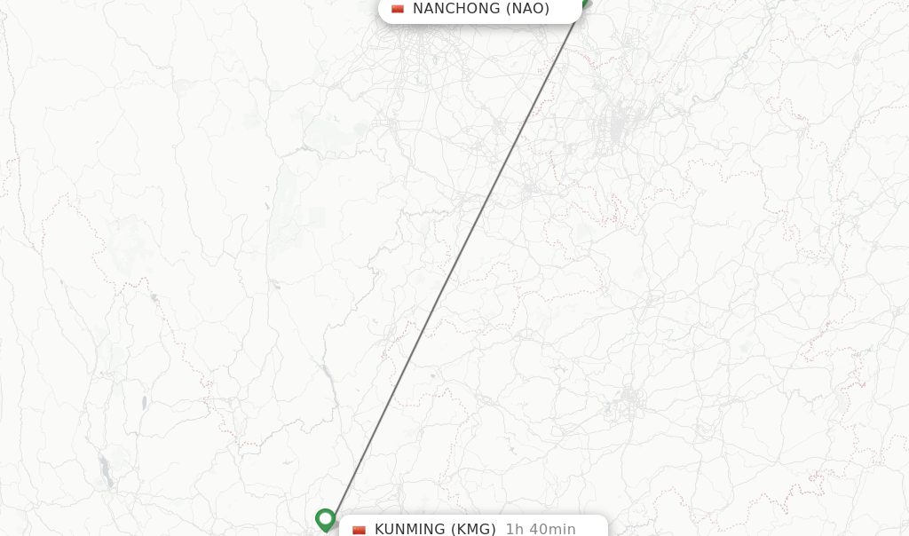 Flights from Nanchong to Kunming route map