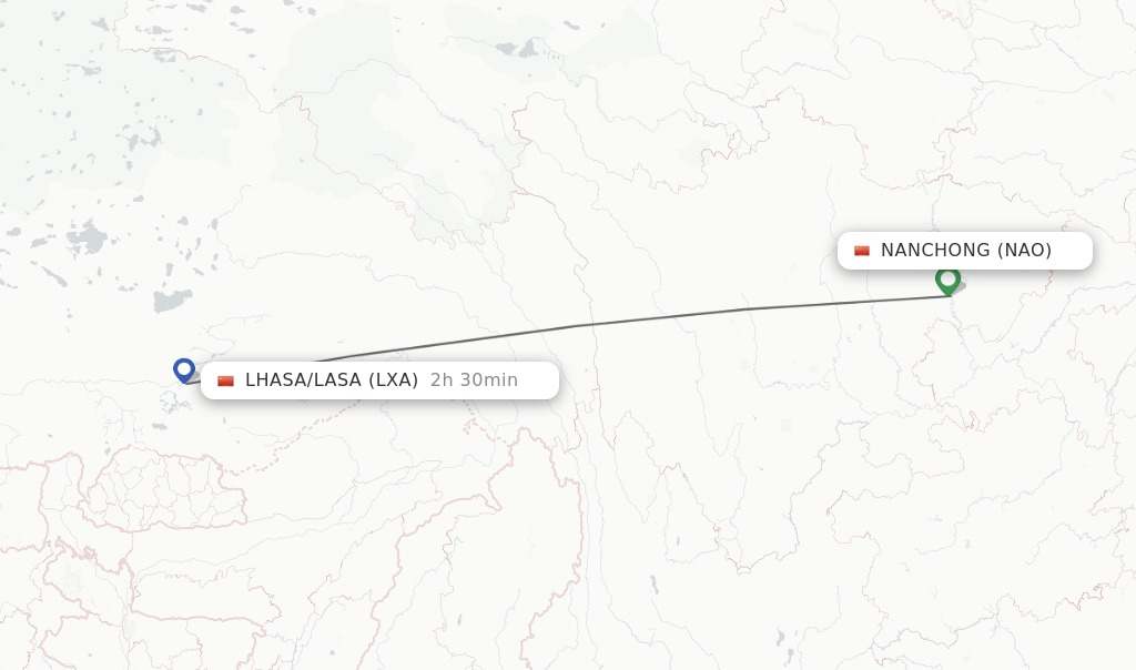 Flights from Nanchong to Lhasa/Lasa route map