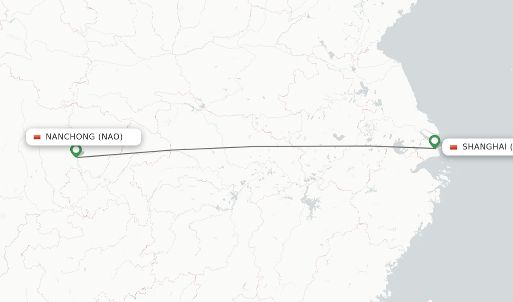 Flights from Nanchong to Shanghai route map