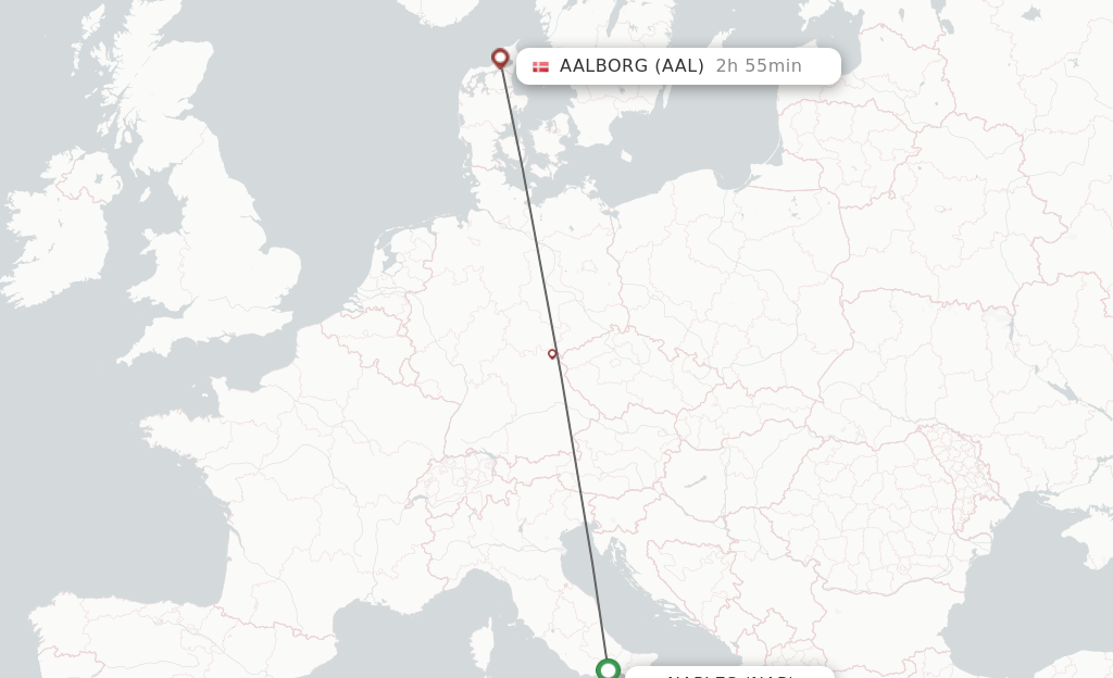 Flights from Naples to Aalborg route map