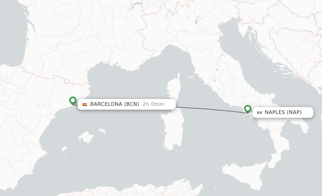 Flights from Naples to Barcelona route map