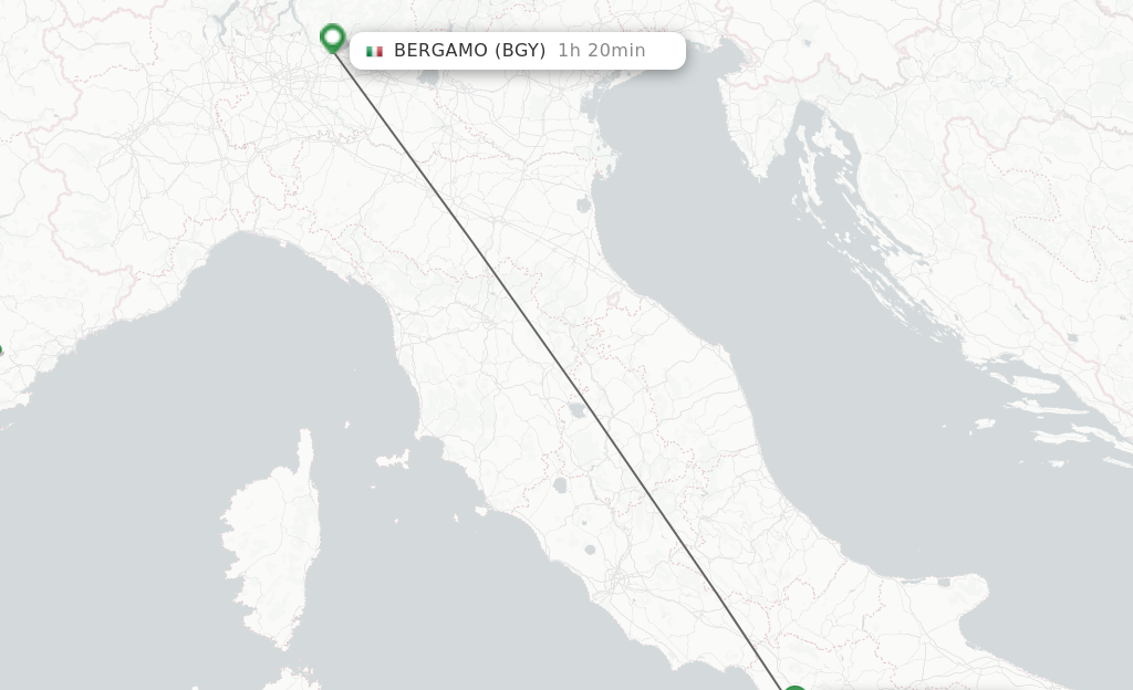 Flights from Naples to Bergamo route map