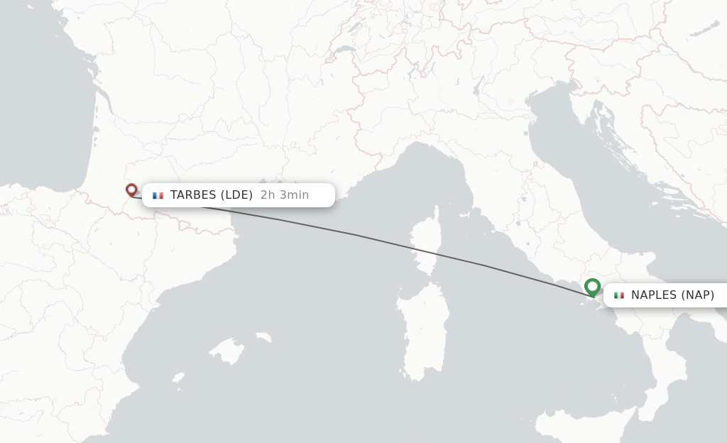 Flights from Naples to Lourdes route map