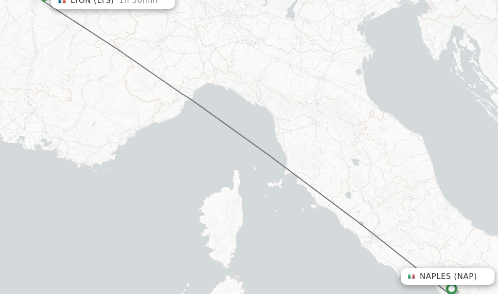 Flights from Naples to Lyon route map