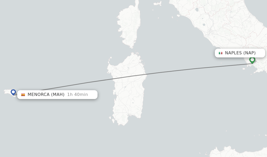 Flights from Naples to Menorca route map
