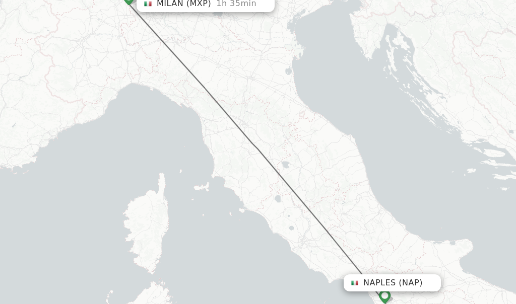 Flights from Naples to Milan route map