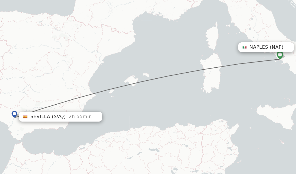 Flights from Naples to Sevilla route map