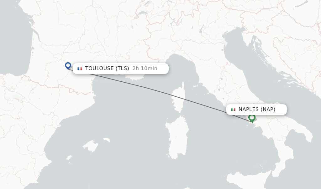 Flights from Naples to Toulouse route map