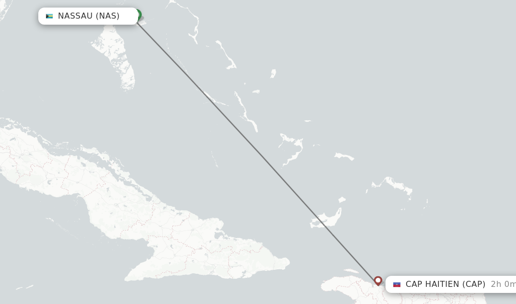 Flights from Nassau to Cap Haitien route map