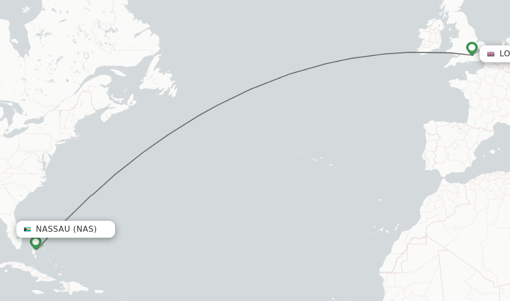 Flights from Nassau to London route map