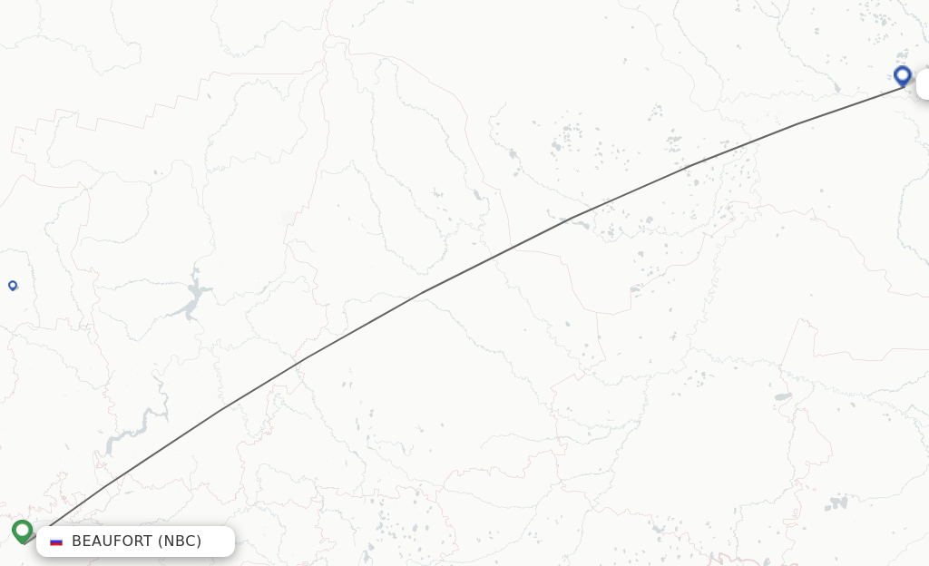Flights from Beaufort to Surgut route map