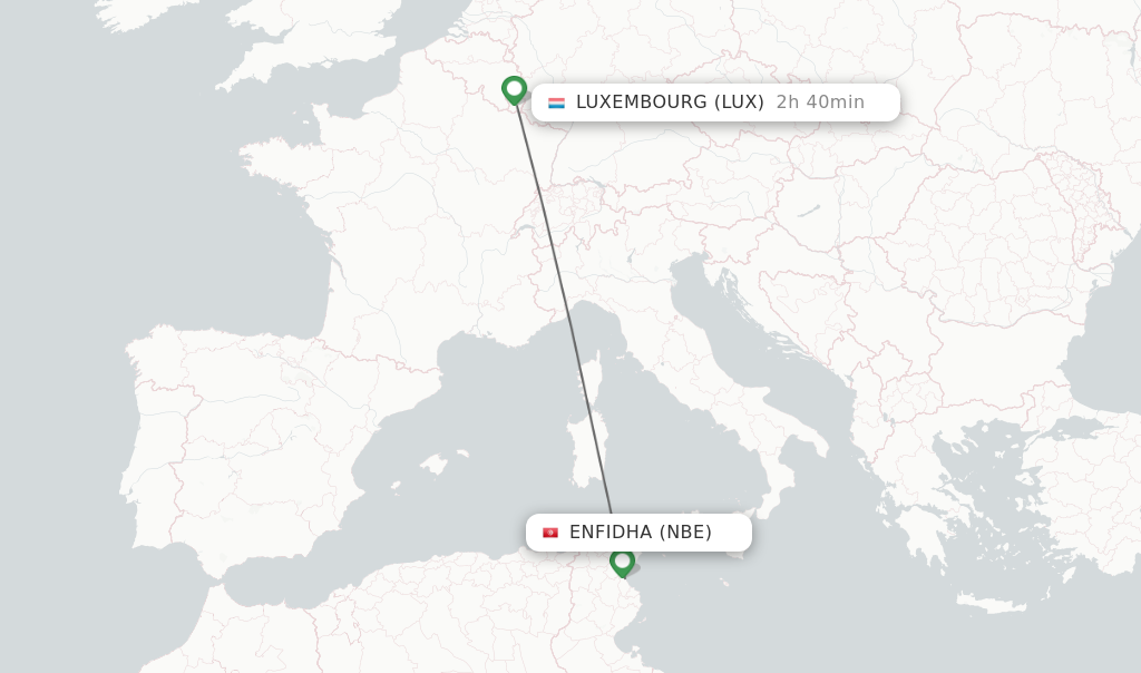 Flights from Enfidha to Luxembourg route map