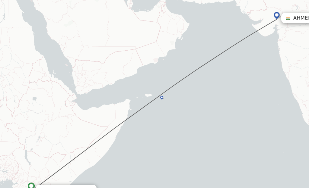 Flights from Nairobi to Ahmedabad route map